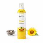 Ray cooking spray bottle with sunflower, seeds, and bowl on a white background