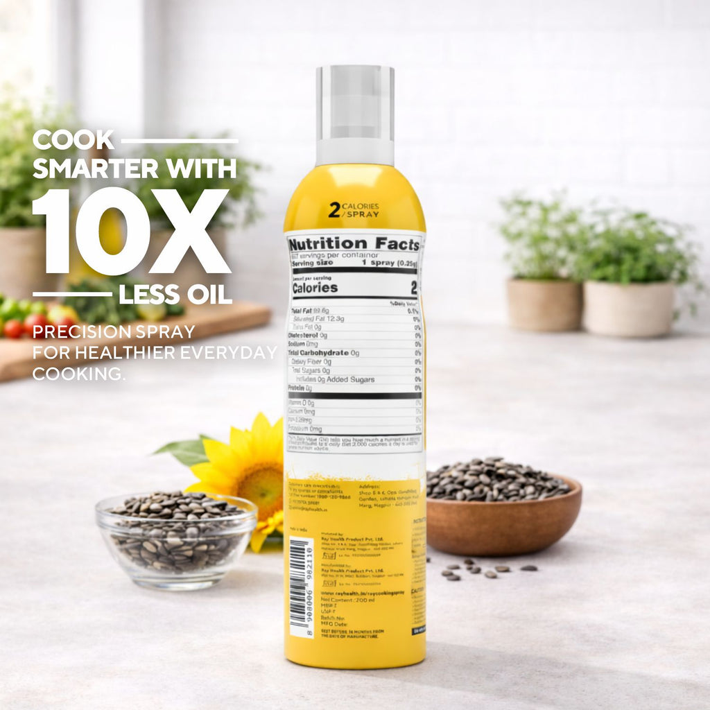 Spray bottle with nutritional information on a kitchen counter with seeds and sunflower.