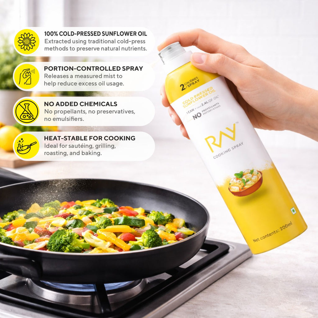 Person holding a cooking spray bottle over a pan with food, with product features displayed.