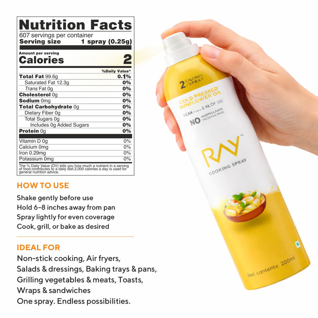 Cooking spray bottle with nutrition facts and usage instructions on a white background
