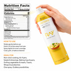 Cooking spray bottle with nutrition facts and usage instructions on a white background