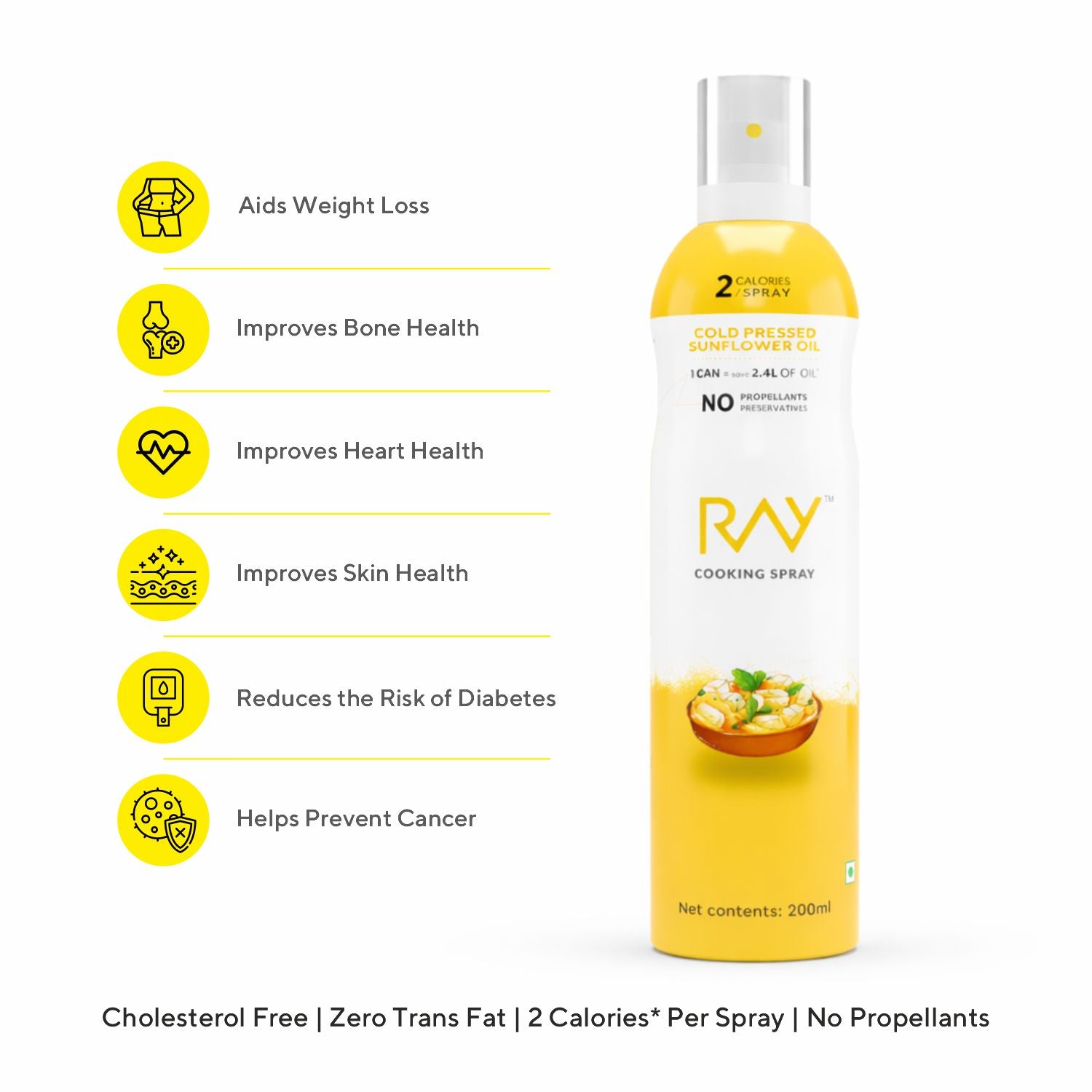 Cold Pressed Sunflower Cooking Oil Spray (200ml) - Low Calorie, Cholesterol Free, No Additives