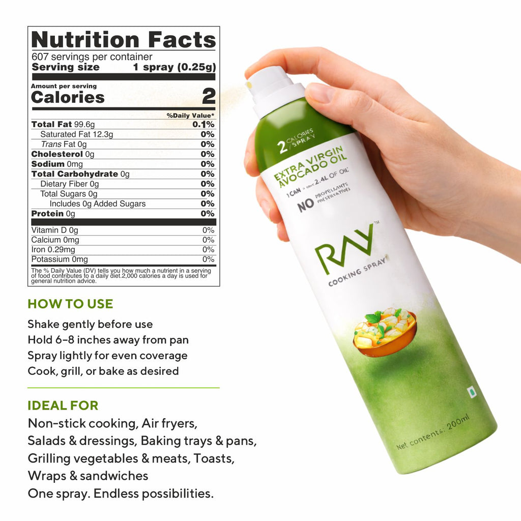 Extra Virgin Avacado Oil Cooking Spray (200ml) - 100% Pure and Natural - Low Calorie, Cholesterol Free, No Additives