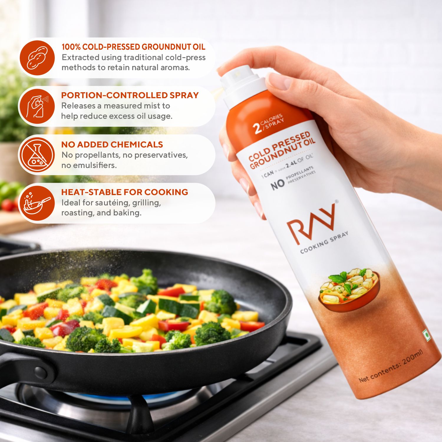 Cold Pressed Groundnut Oil Cooking Spray (200ml ) - Low Calorie, Cholesterol Free, No Additives