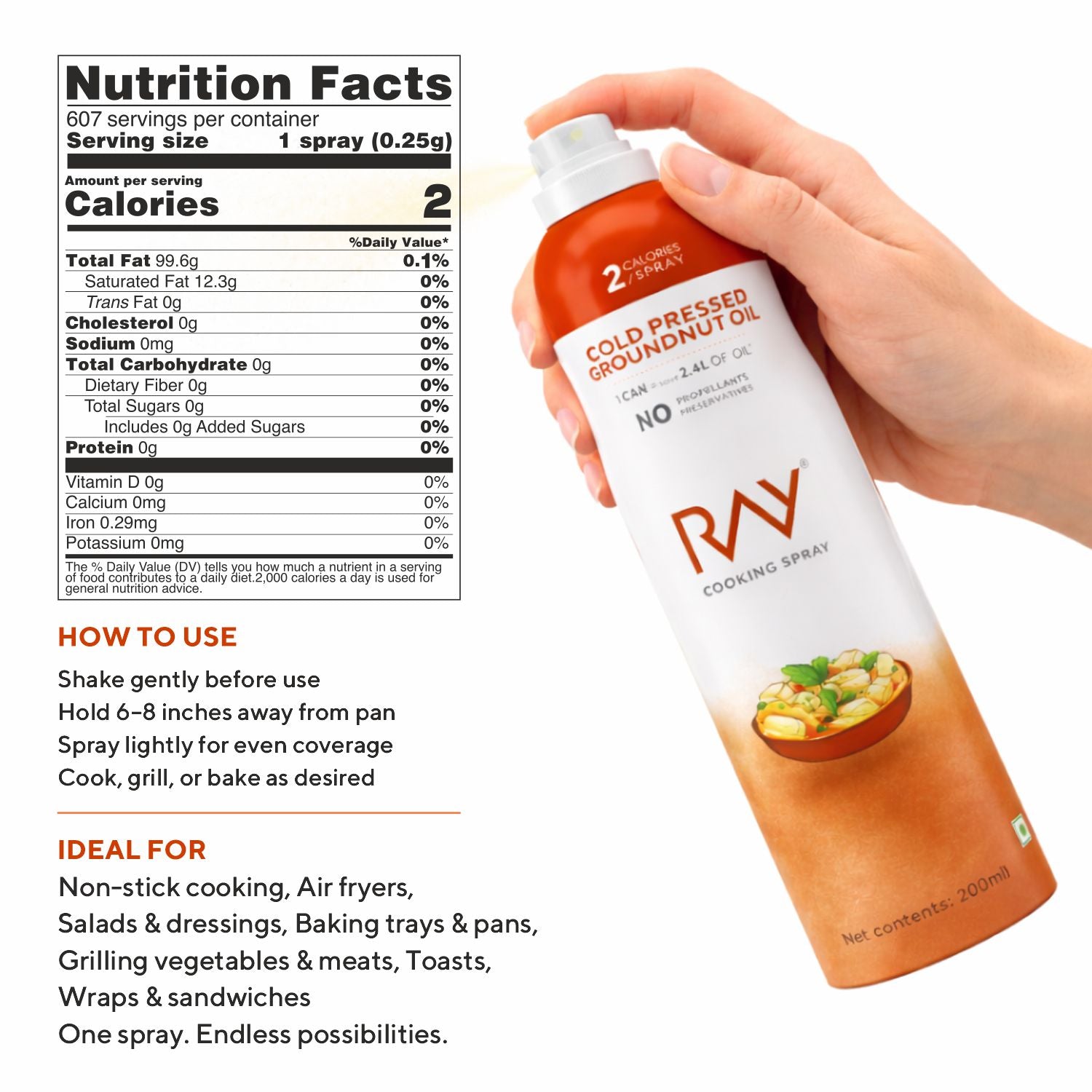 Cold Pressed Groundnut Oil Cooking Spray (200ml ) - Low Calorie, Cholesterol Free, No Additives