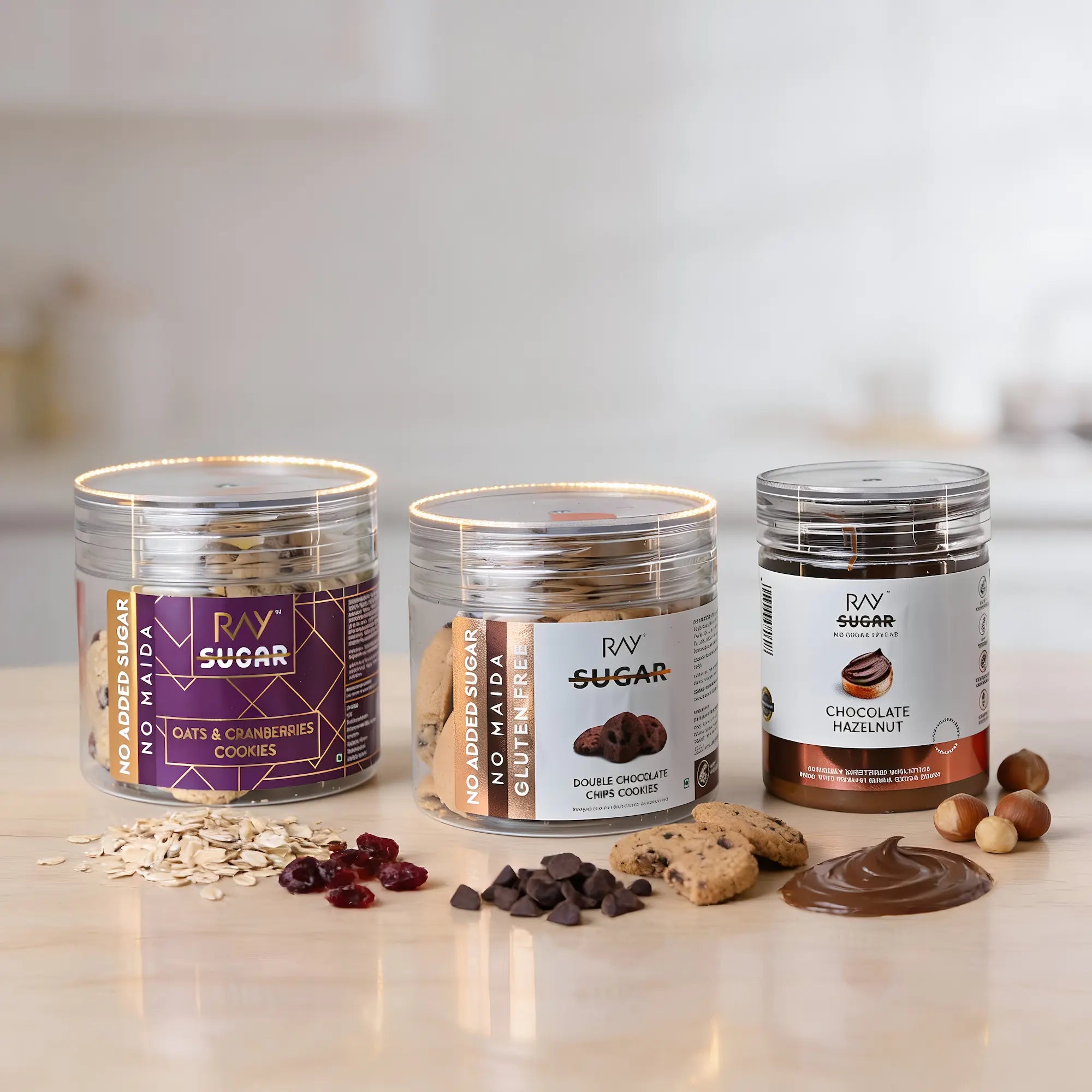 Ray No Sugar Combo of Double Chocolate Chips & Oats Cranberry Cookies & Hazelnut Chocolate Spread - Made with 100% No Maida & No Sugar