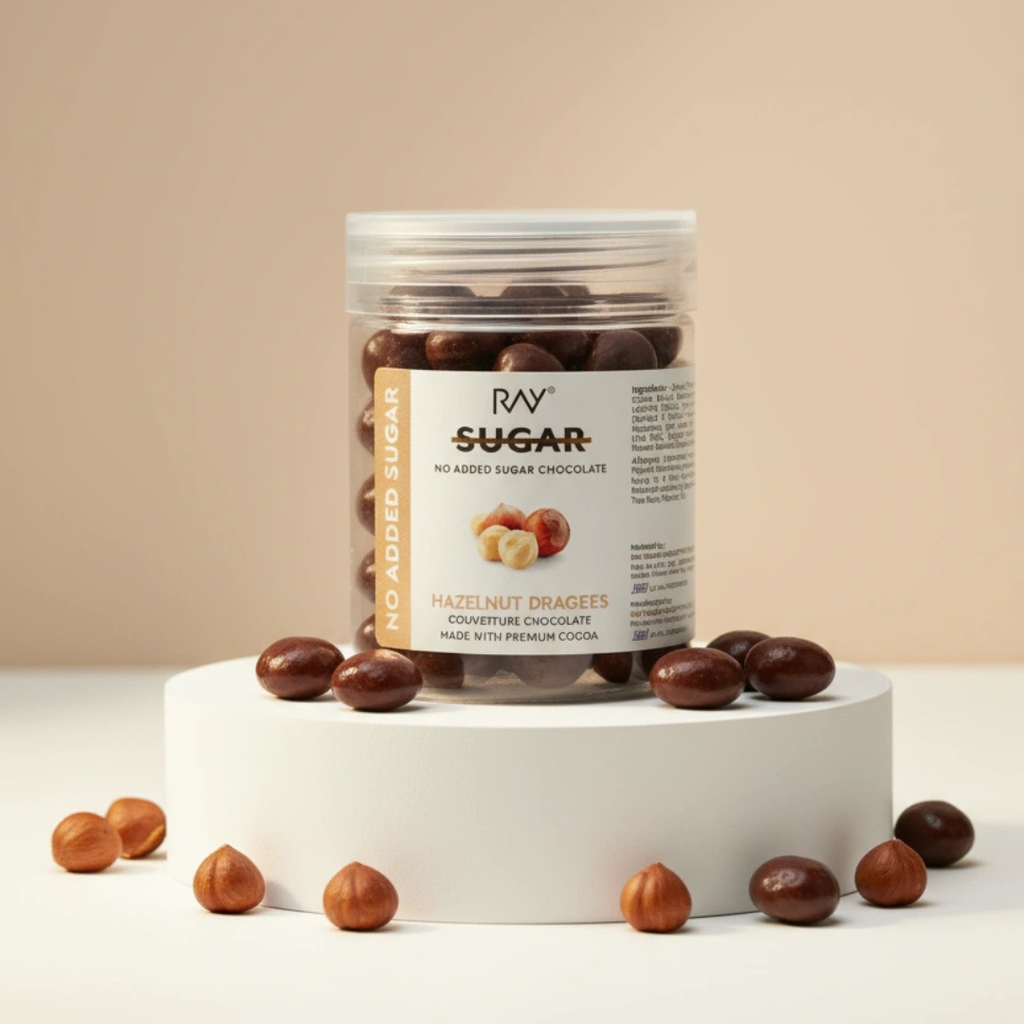 Ray No Sugar Hazelnut Dark Chocolate Dragees  - 100% No Sugar - 110gm