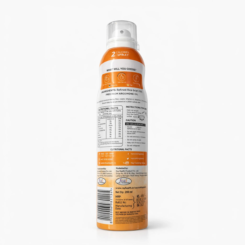 Rice Bran Oil Cooking Spray (200ml) - 100% Pure and Natural - Low Calorie, Cholesterol Free, No Additives