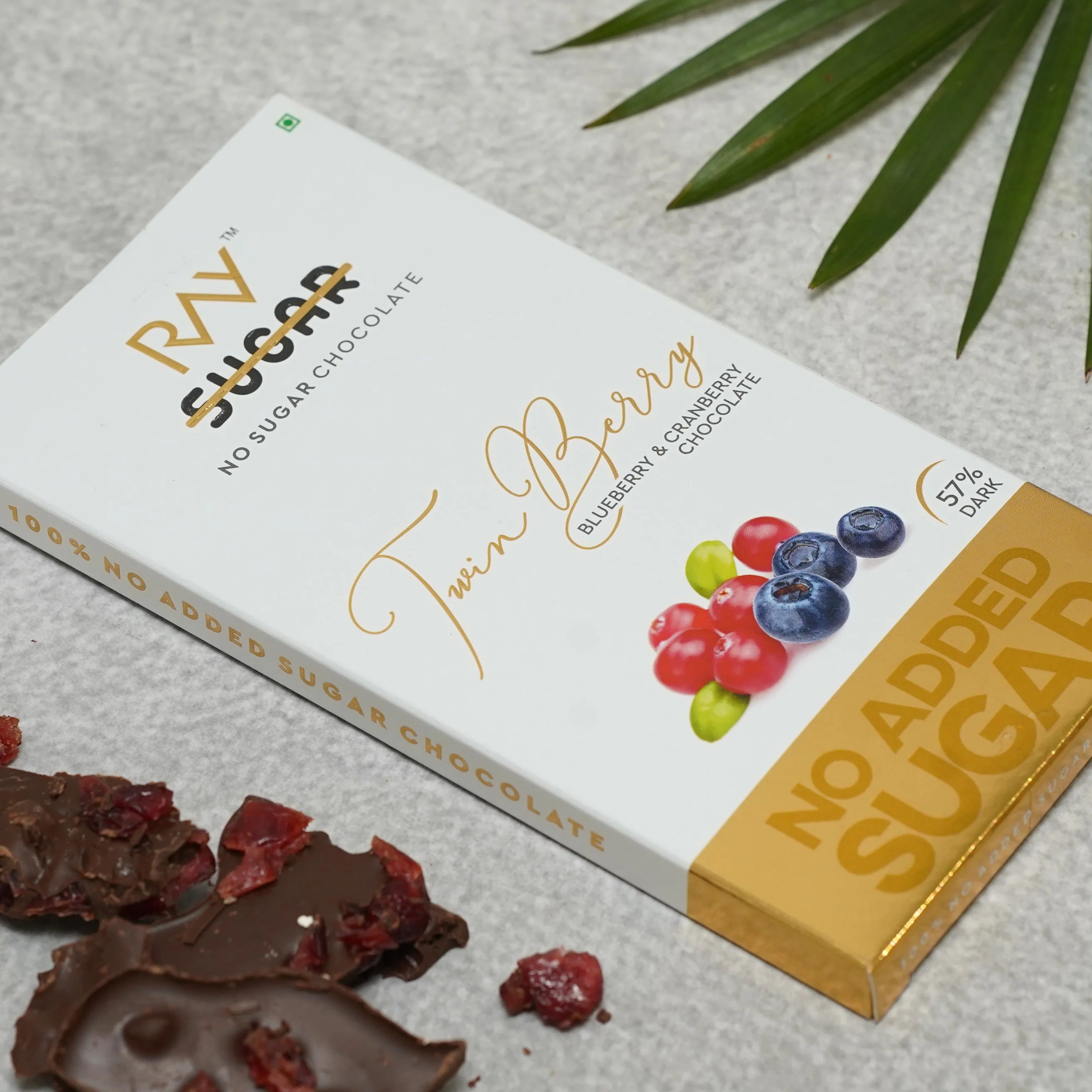 Twin Berry Chocolate - 57% Dark - Blueberry & Cranberry - 100% No Sugar - 90gm