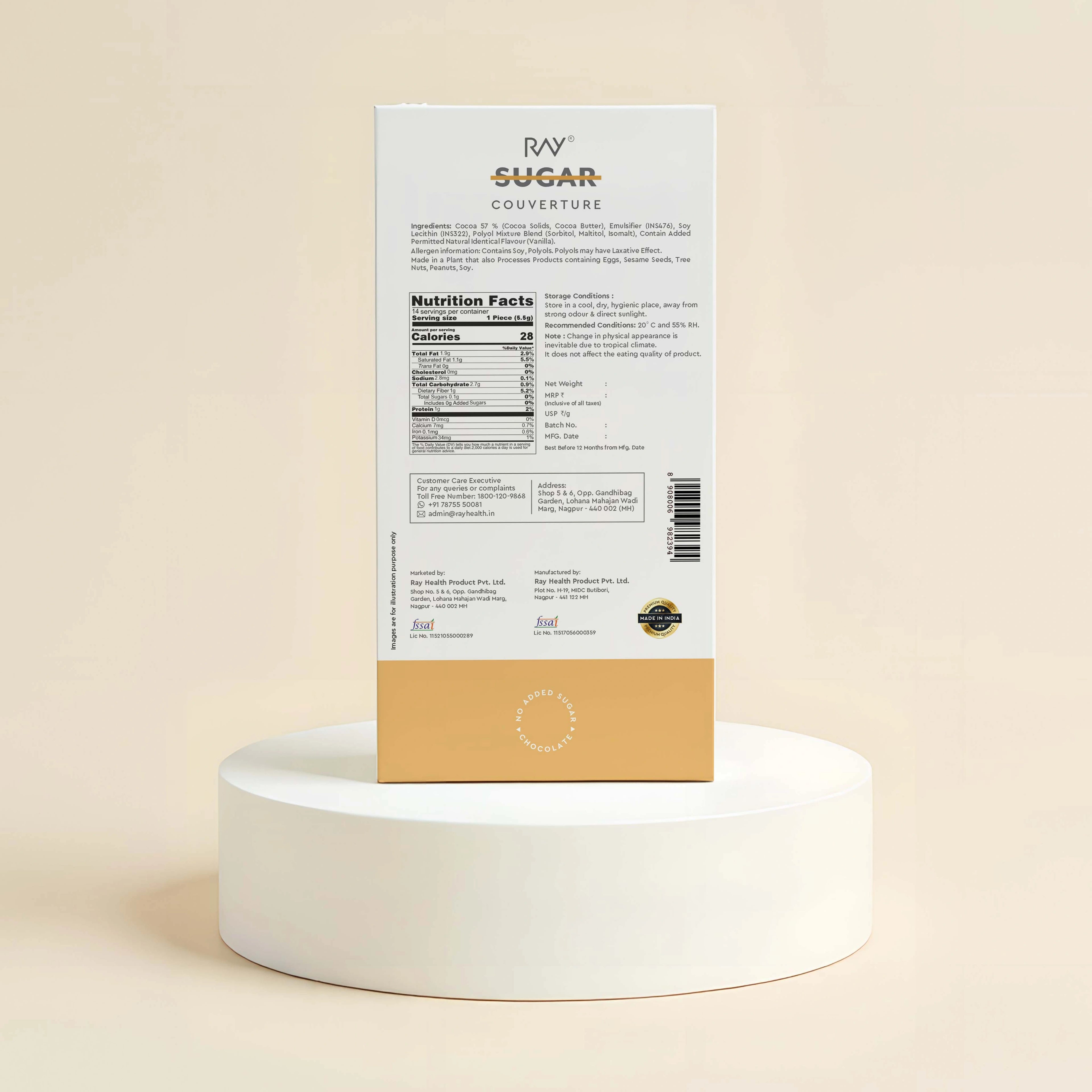 Couverture Chocolate 57% Dark - 100% Vegan - No Sugar - 80gm