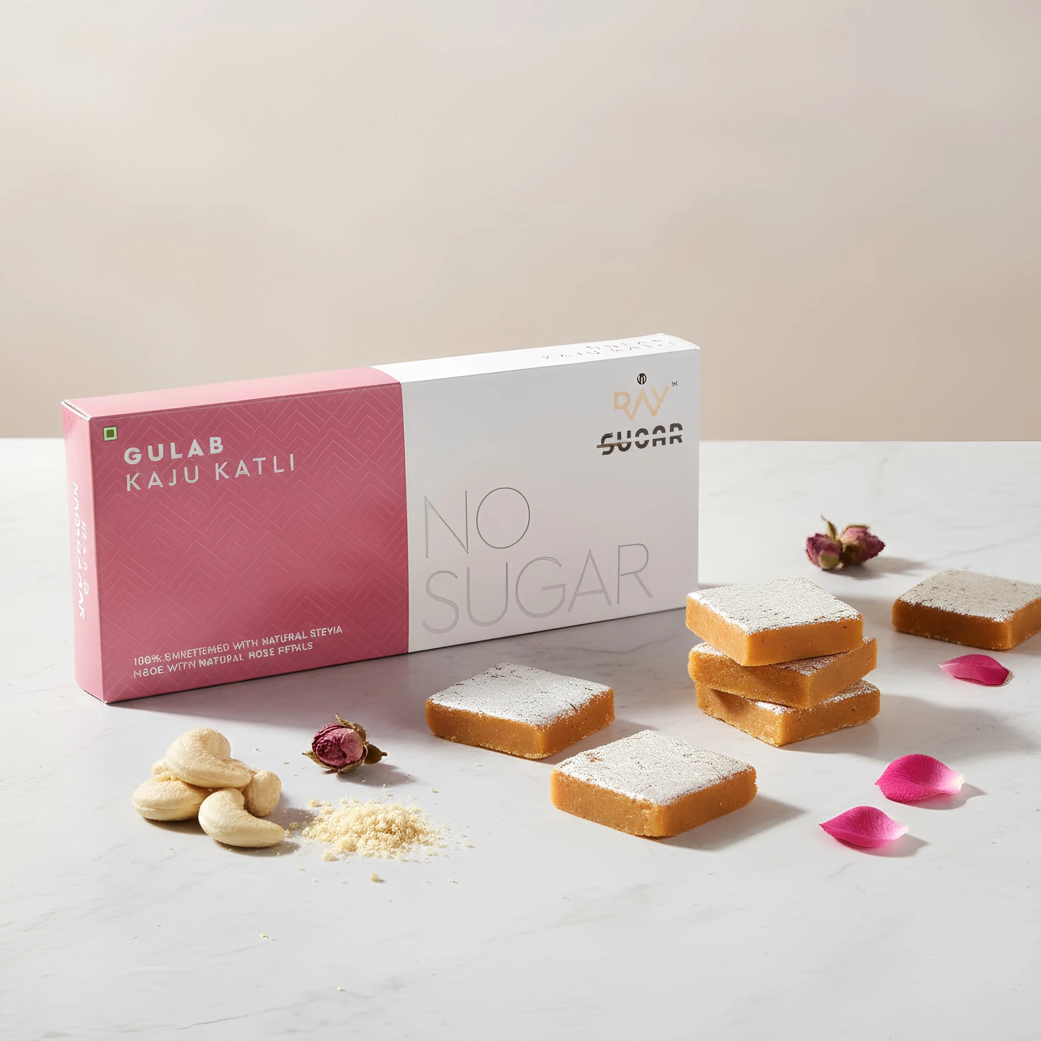 Gulab Kaju Katli with Rose Petals (200g) - No Added Sugar, No Artificial Additives, Guilt-Free Indulgence