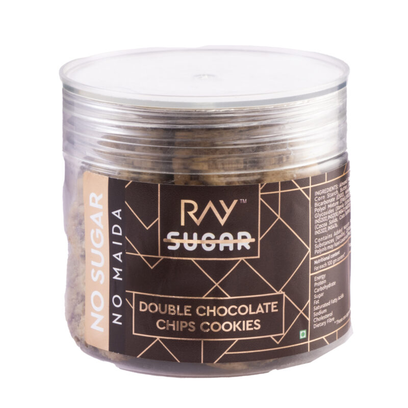 Ray No Sugar Almond Flour Double Chocolate Chip Cookies, Stevia Sweetened Sugar-Free Cookies - Low Carb Tasty and Healthy Gluten-Free Snack (140 gm)