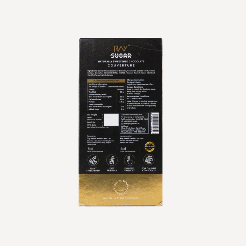 Ray No Sugar - 72% Dark Couverture Chocolate | 100% Sugar-Free Chocolate - Sweetened with Stevia Extract, Rich in Antioxidants (Couverture - 72% Cocoa, Pack of 1x80g) - Image 2