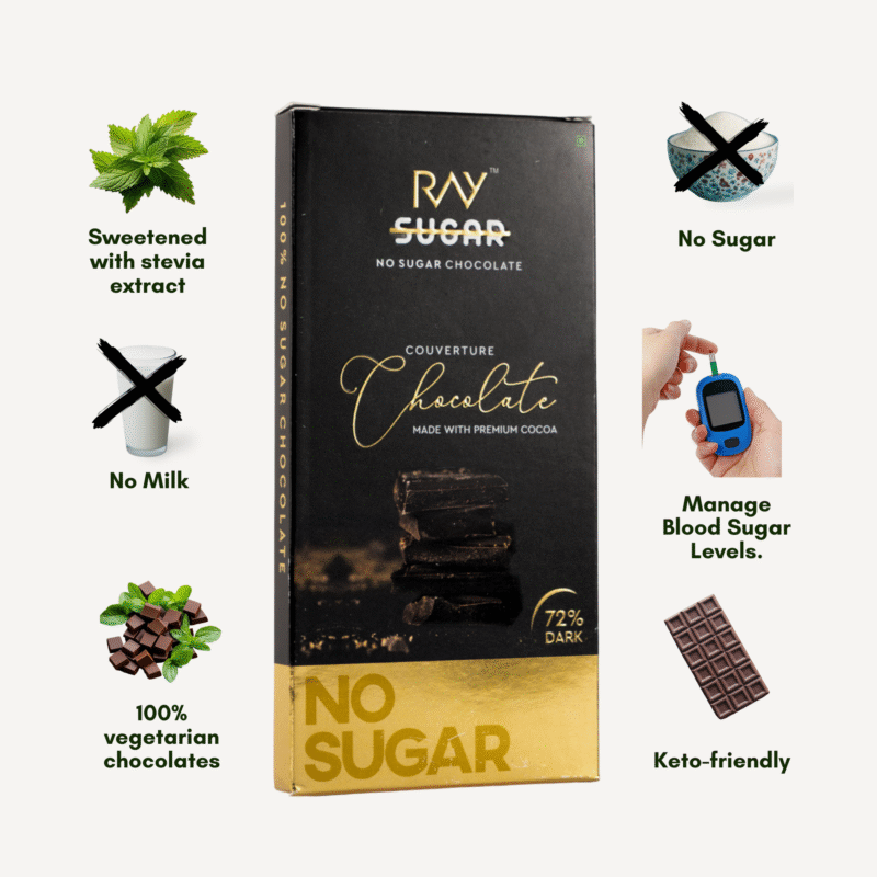 Ray No Sugar - 72% Dark Couverture Chocolate | 100% Sugar-Free Chocolate - Sweetened with Stevia Extract, Rich in Antioxidants (Couverture - 72% Cocoa, Pack of 1x80g) - Image 3