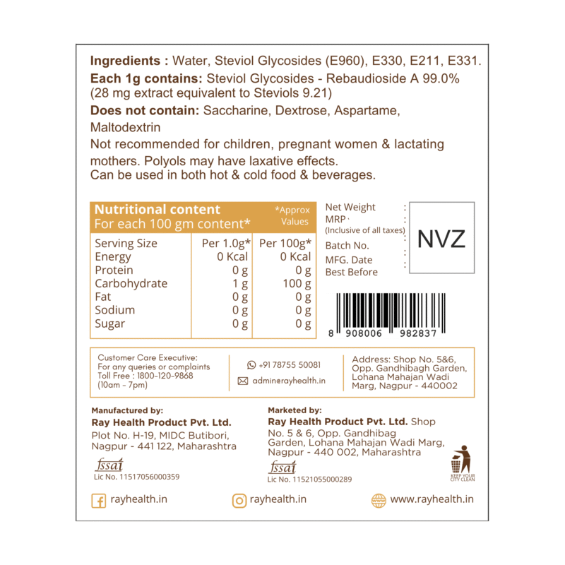 Ray No Sugar Liquid STEVIA Sachets - Natural Sugar Substitute | Keto Friendly | Zero Calories | Zero Glycemic Index | (100 sachets X 1ml) - Image 3